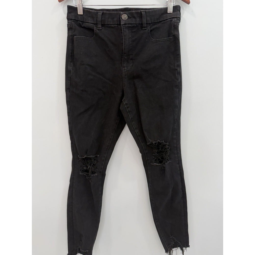 American Eagle Dream Jean 10 Skinny High Rise Frayed Hem Distressed Black Grunge